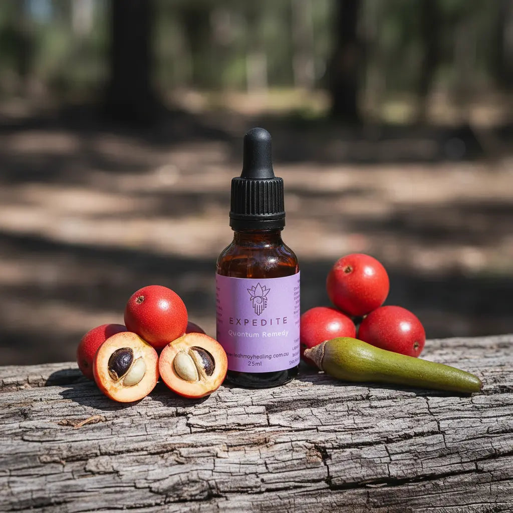 Expedite quantum remedy 25ml amber bottle with black dropper on a log with quandong fruit and mangrove seed pod