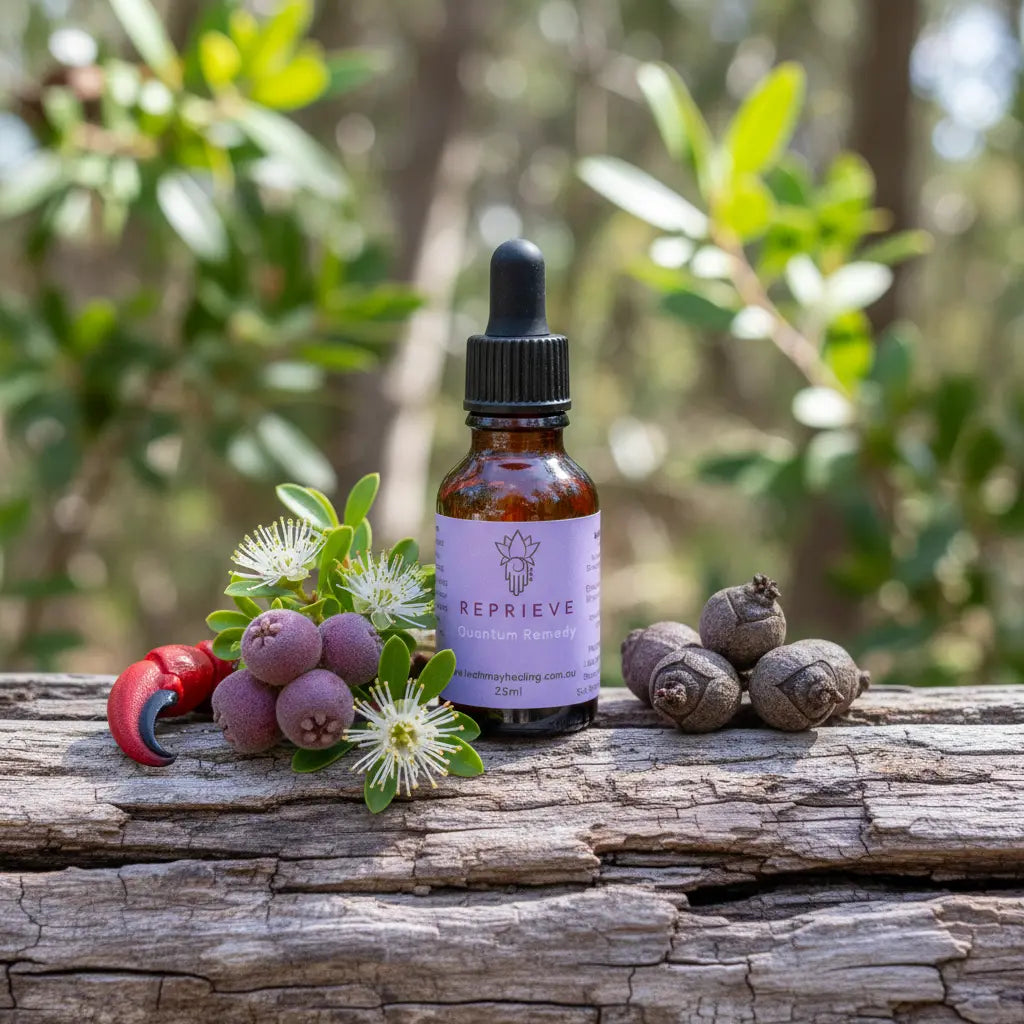 Reprieve quantum remedy in 25ml amber glass dropper bottle with pink label with Leah may healing logo and Muntrie berries and flowers on log in bus with crab claw