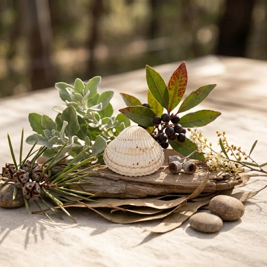 Tasmanian Mountain Pepper with Old Man Salt Bush and silky hakea needle bush with cockle shell pebbles and dry wood and leaves and wattle branch on timber table outdoors
