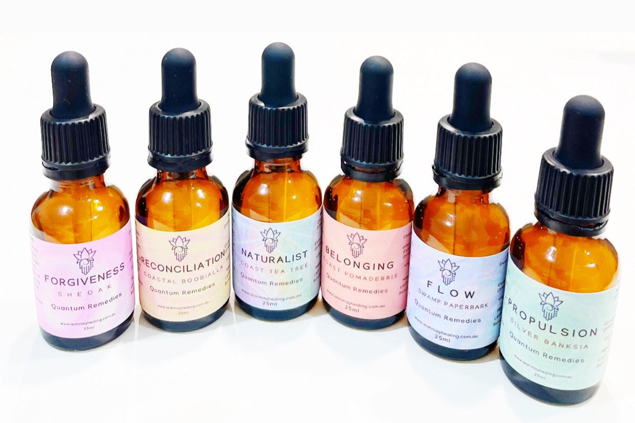 Six vibrational essences in amber glass dropper bottles with black caps lined up on a white background, each with a different pastel label. The labels read Forgiveness, Reconciliation, Naturalist, Belonging, Flow, and Propulsion.