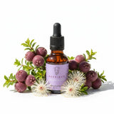 Reprieve quantum remedy in 25ml amber glass dropper bottle with pink label with Leah may healing logo and Muntrie berries and flowers